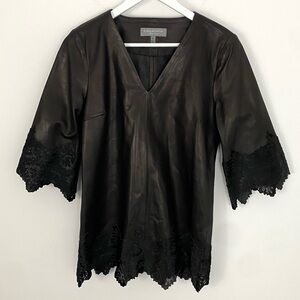 Bagatelle size S Lace and Genuine Black Leather 3/4 Sleeve V-neck Top Blouse EUC